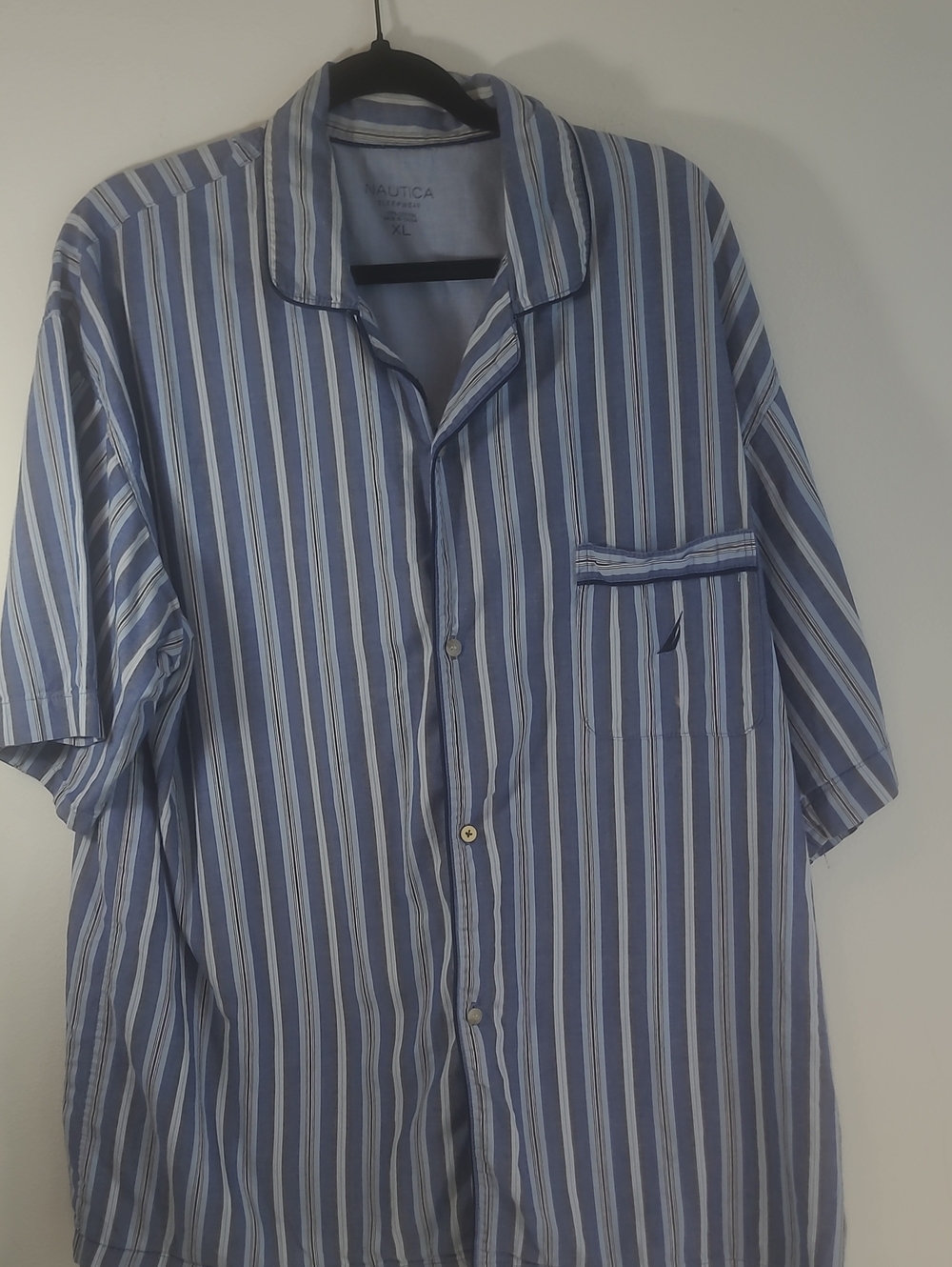 Nautica Sleepware Top Light Blue and White Costal Strip Button Up With Collar